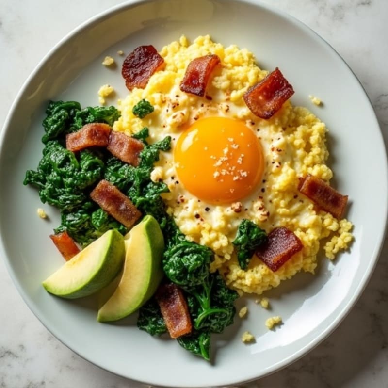 Creamy Cottage Cheese Scramble with Sautéed Spinach and Turkey Bacon