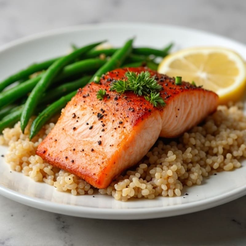 Seared Salmon with Steamed Green Beans and Brown Rice