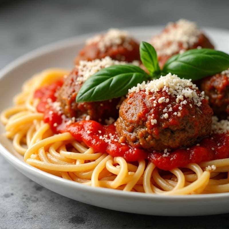 Lean Beef Meatballs with Whole Wheat Spaghetti and Hearty Tomato Sauce