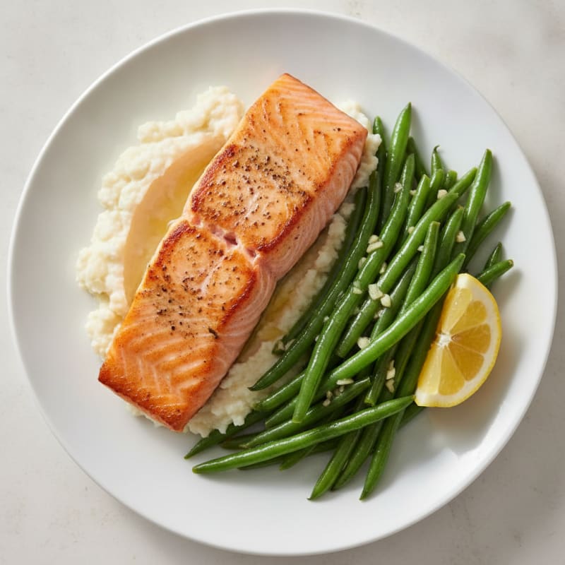 Seared Salmon with Garlic Green Beans and Cauliflower Mash