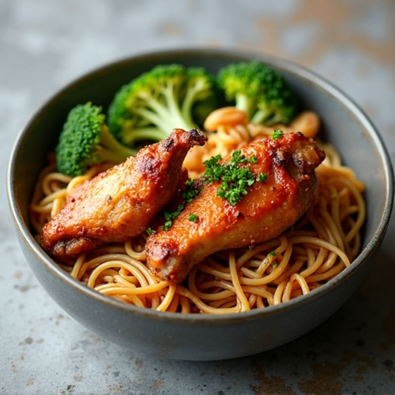 Crispy Roasted Chicken Wings with Sesame Garlic Noodles and Roasted Broccoli