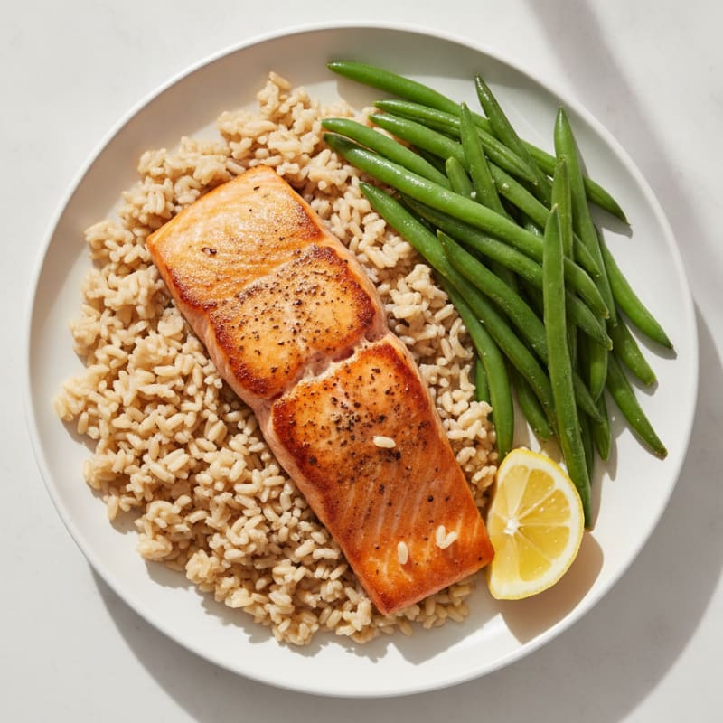 Seared Salmon with Steamed Green Beans and Brown Rice