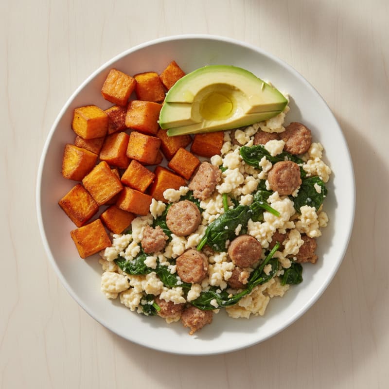Egg White Scramble with Turkey Sausage and Sautéed Spinach