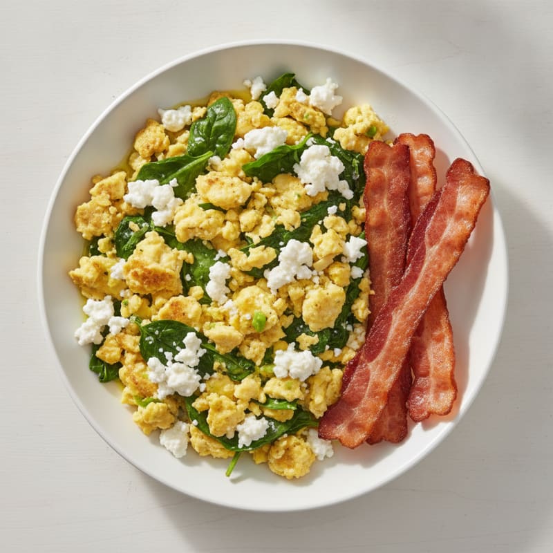 Cottage Cheese Egg Scramble with Spinach and Turkey Bacon