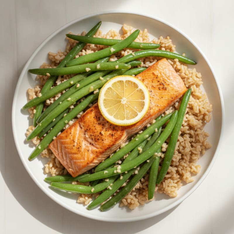 Seared Salmon with Garlic Green Beans and Brown Rice