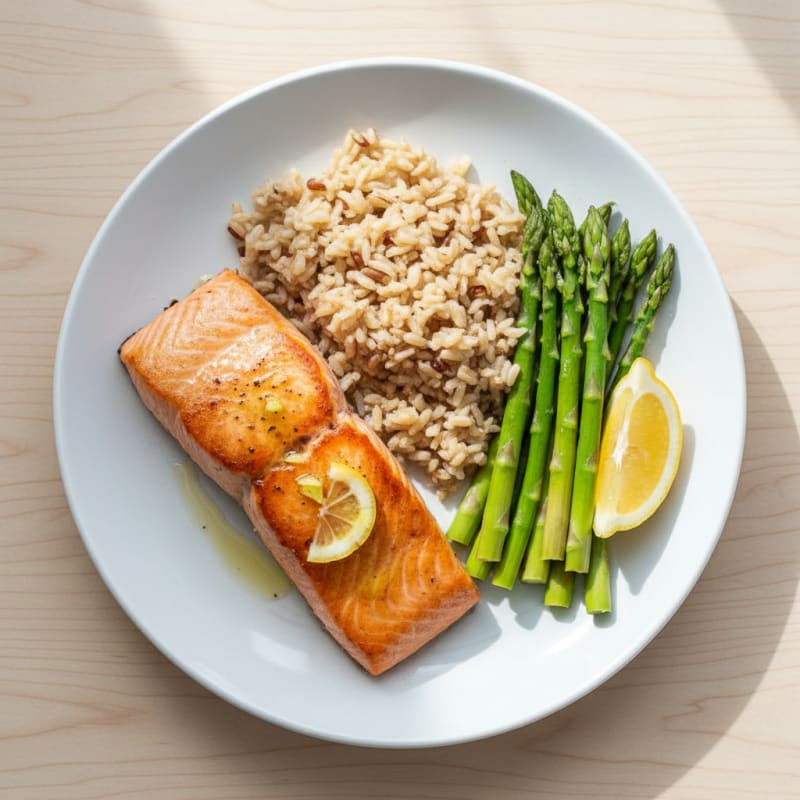 Seared Salmon with Steamed Asparagus and Brown Rice