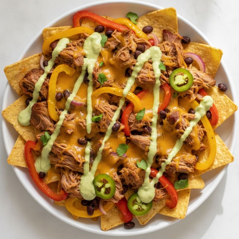 Pulled Pork Nachos with Avocado Crema