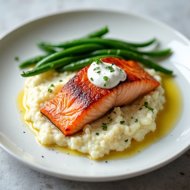 Seared Salmon with Steamed Green Beans and Cauliflower Mash