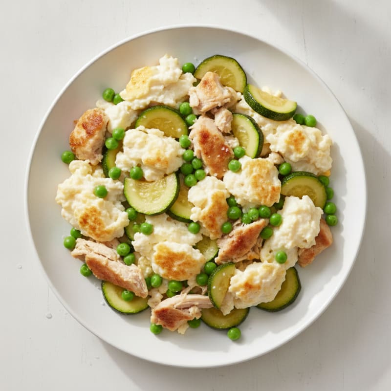 Egg White and Chicken Scramble with Sautéed Zucchini and Peas