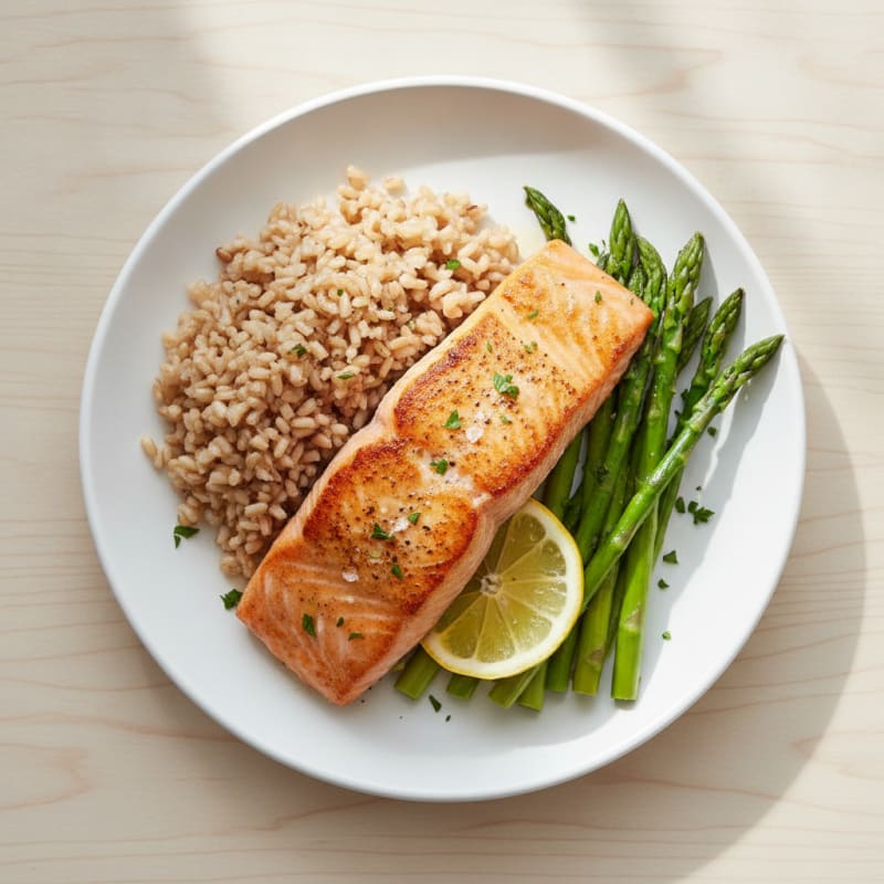 Seared Salmon Fillet with Steamed Asparagus and Brown Rice