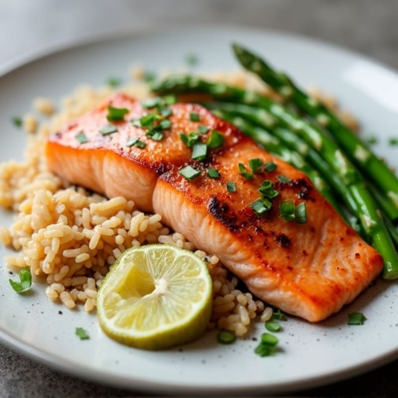 Seared Salmon with Steamed Asparagus and Brown Rice