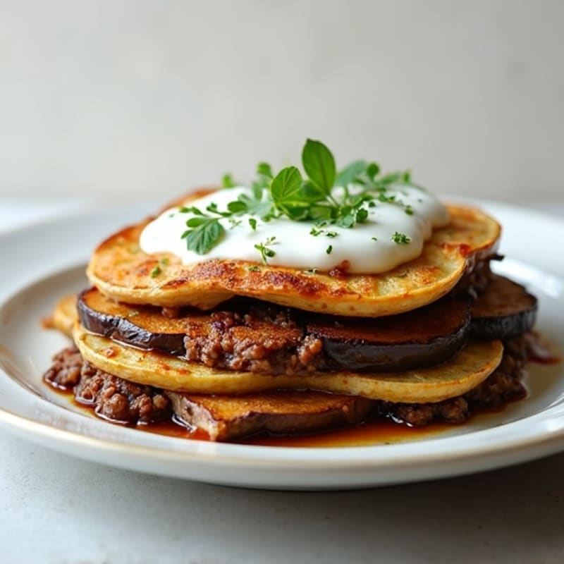 Eggplant and Lean Lamb Baked Layers with Creamy Herb Topping