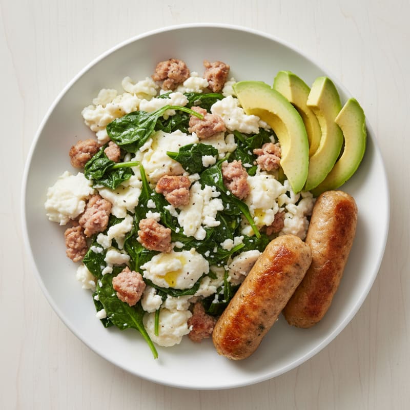 Egg White Scramble with Turkey Sausage and Sautéed Spinach