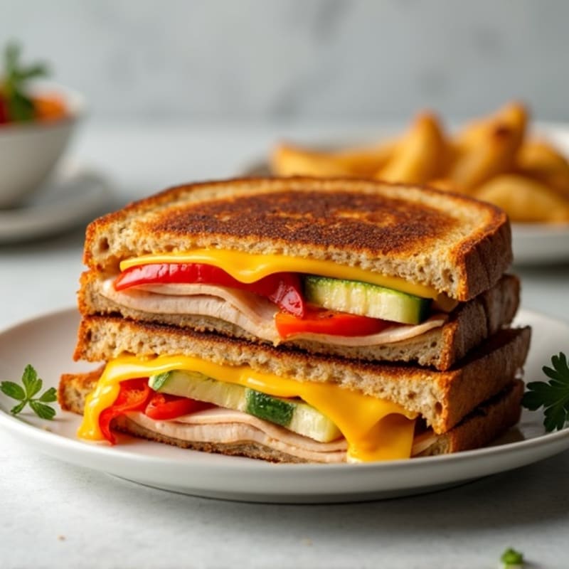 Hearty Crispy Whole Grain Grilled Cheese with Roasted Vegetables and Lean Turkey