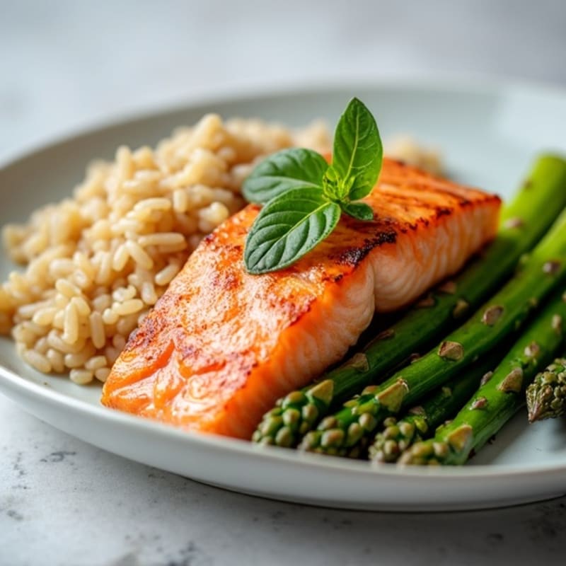 Seared Salmon with Steamed Asparagus and Brown Rice