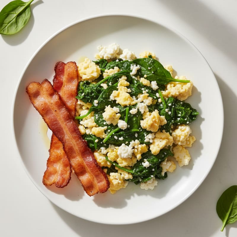 Cottage Cheese Egg Scramble with Sautéed Spinach and Turkey Bacon