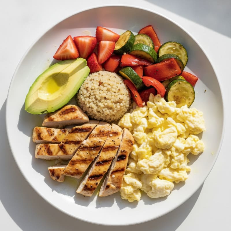 Scrambled Egg Whites with Grilled Chicken and Roasted Vegetables