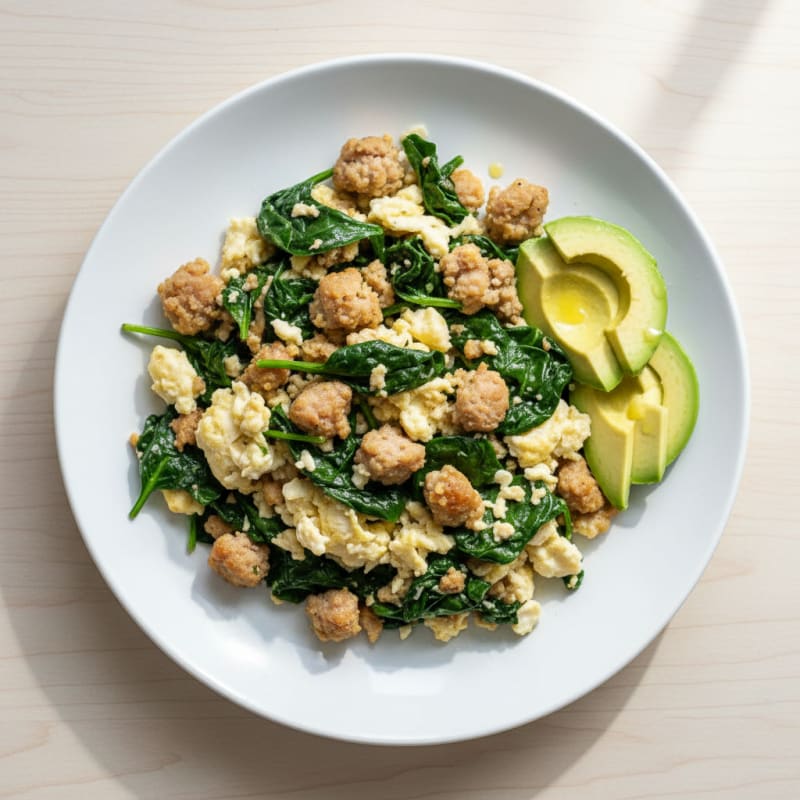 Egg White and Turkey Sausage Scramble with Sautéed Spinach