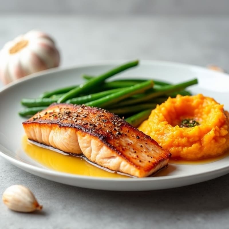 Seared Salmon with Garlic Green Beans and Sweet Potato Mash