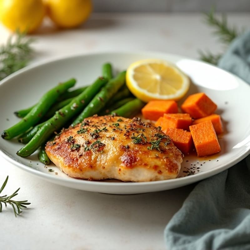 Crispy Lemon Herb Chicken with Roasted Sweet Potatoes and Green Beans