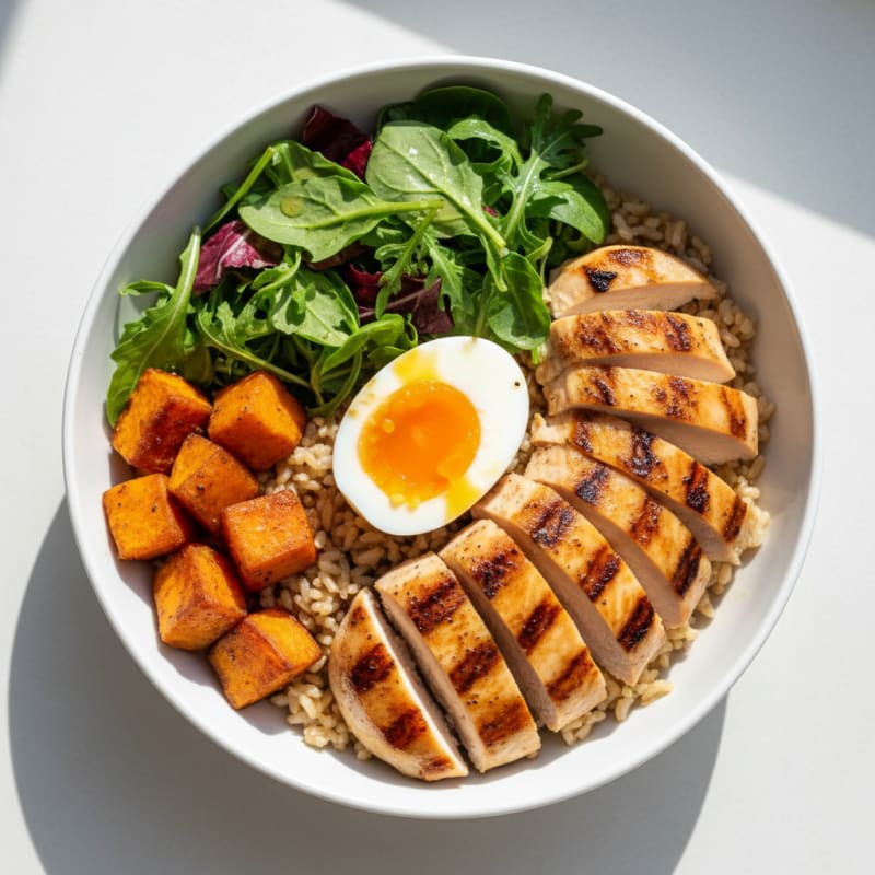 Grilled Chicken Rice Bowl with Crunchy Salad Greens