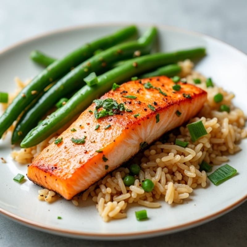 Seared Salmon with Garlic Green Beans and Brown Rice