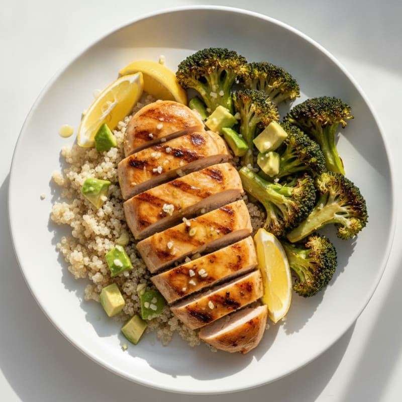Grilled Lemon-Garlic Chicken Breast with Quinoa and Roasted Broccoli