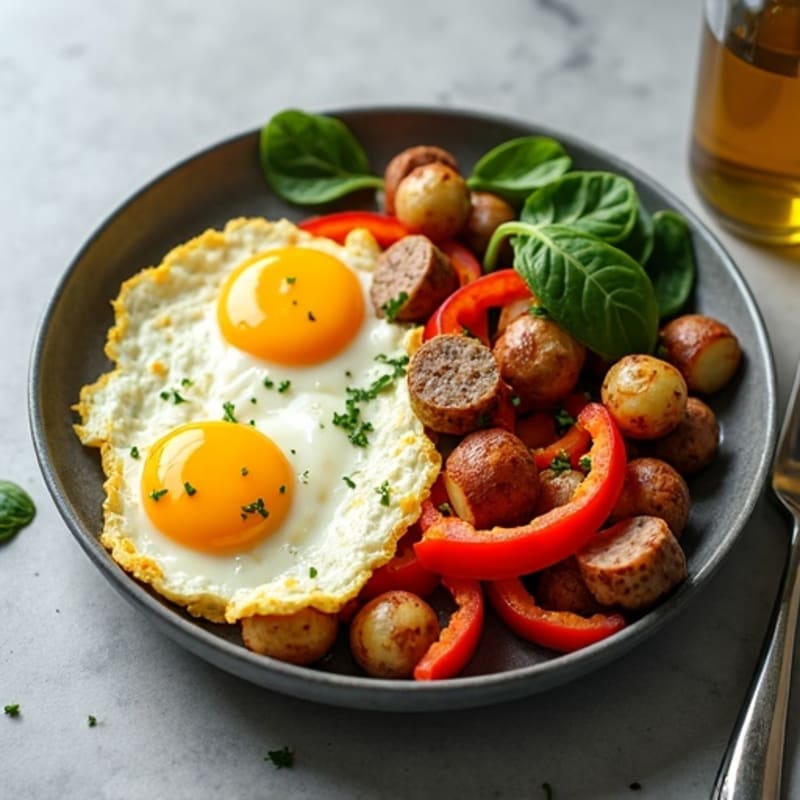 Fluffy Egg and Crispy Potato Skillet with Lean Turkey Sausage and Fresh Veggies