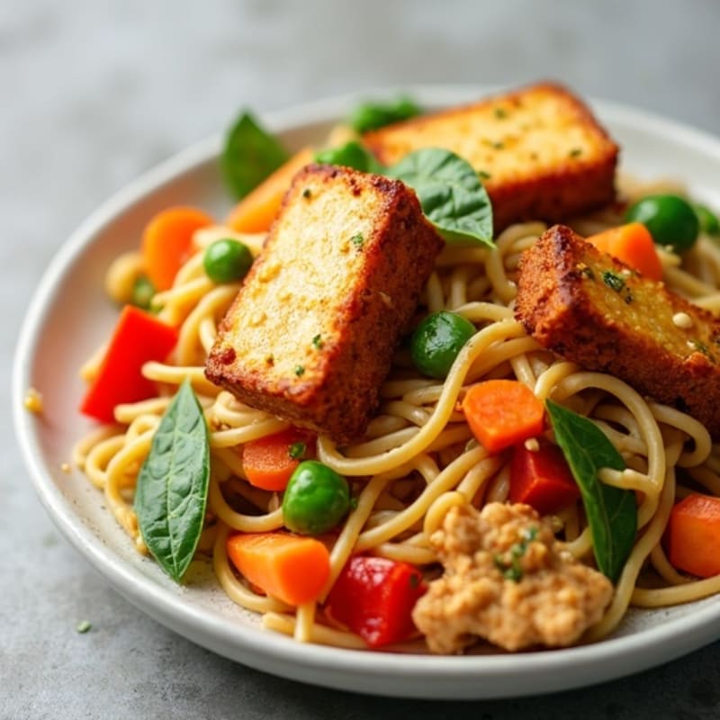 Crispy Tofu and Creamy Peanut Noodles with Fresh Vegetables