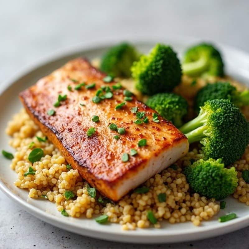 Crispy Seared Tuna Steak with Quinoa and Roasted Broccoli