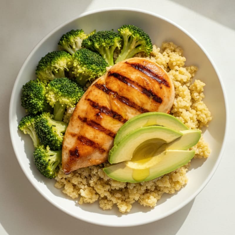 Grilled Chicken Breast with Creamy Quinoa and Steamed Broccoli