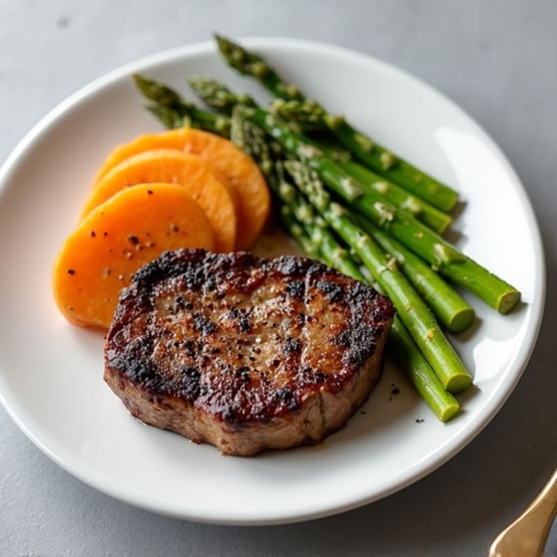 Pan-Seared Steak with Roasted Asparagus and Sweet Potato