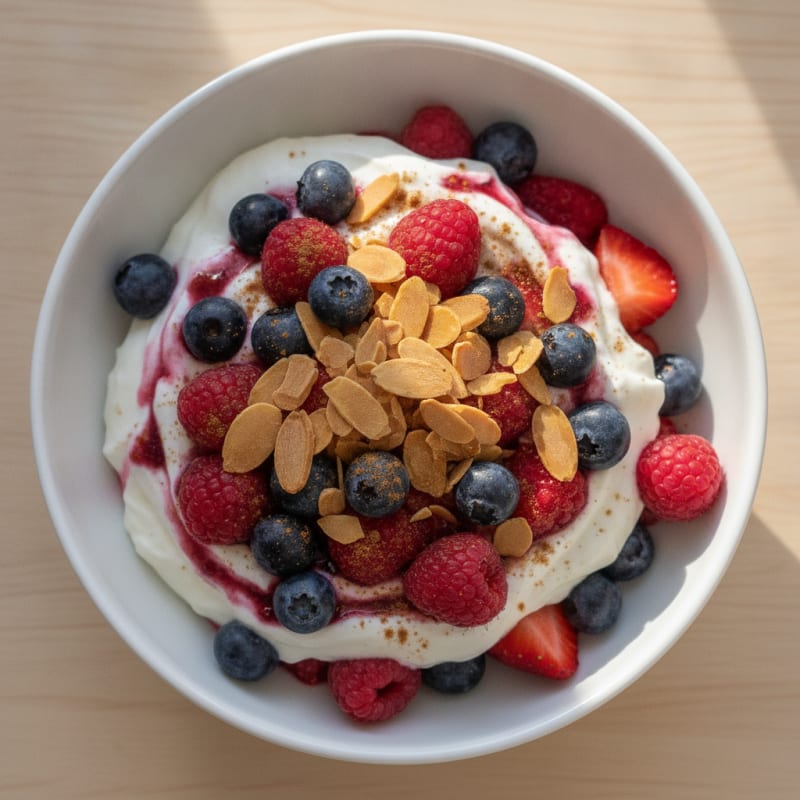 Greek Yogurt Protein Parfait with Mixed Berries and Almonds