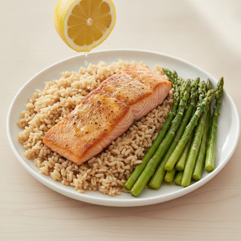 Seared Salmon with Steamed Asparagus and Brown Rice