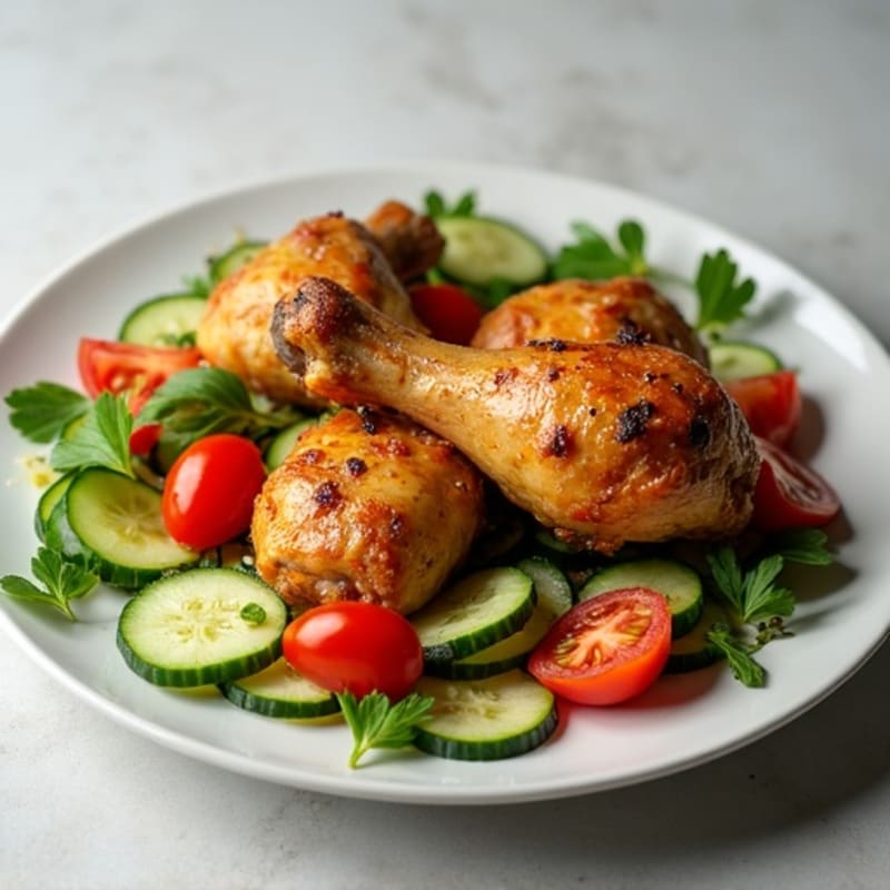 Oven Roasted Chicken Drumsticks with Crunchy Cucumber and Tomato Salad