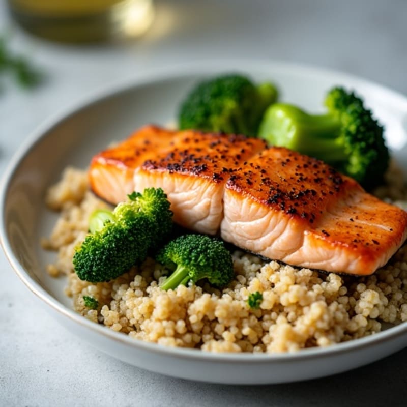Seared Salmon with Steamed Broccoli and Quinoa