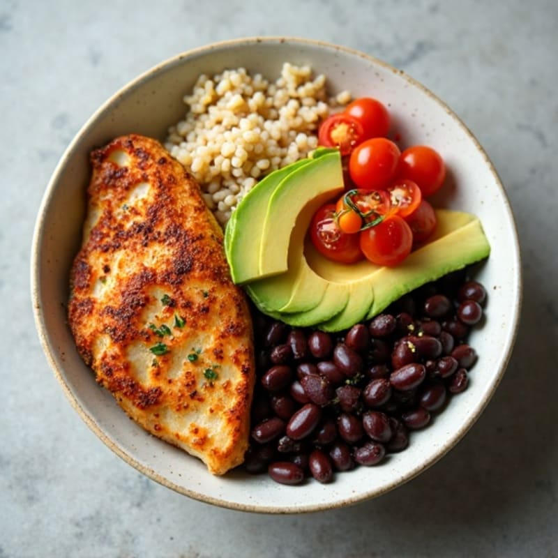 Spiced Chicken and Black Bean Rice Bowl with Creamy Avocado and Fresh Salsa