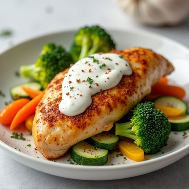Spiced Roasted Chicken with Creamy Garlic Sauce and Fresh Vegetables