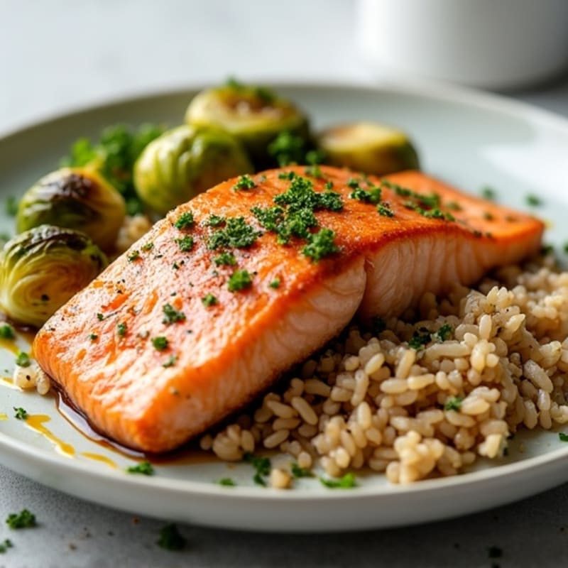Seared Salmon with Herb-Roasted Brussels Sprouts and Brown Rice