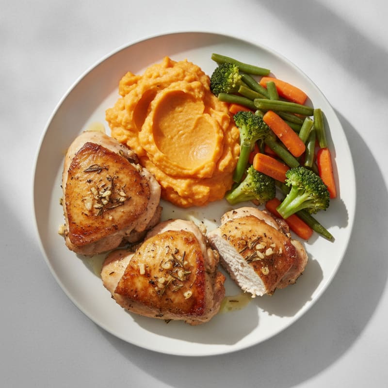 Herb-Baked Chicken Thighs with Sweet Potato Mash and Steamed Mixed Vegetables