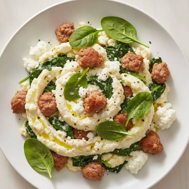Egg White and Turkey Sausage Scramble with Spinach and Cottage Cheese