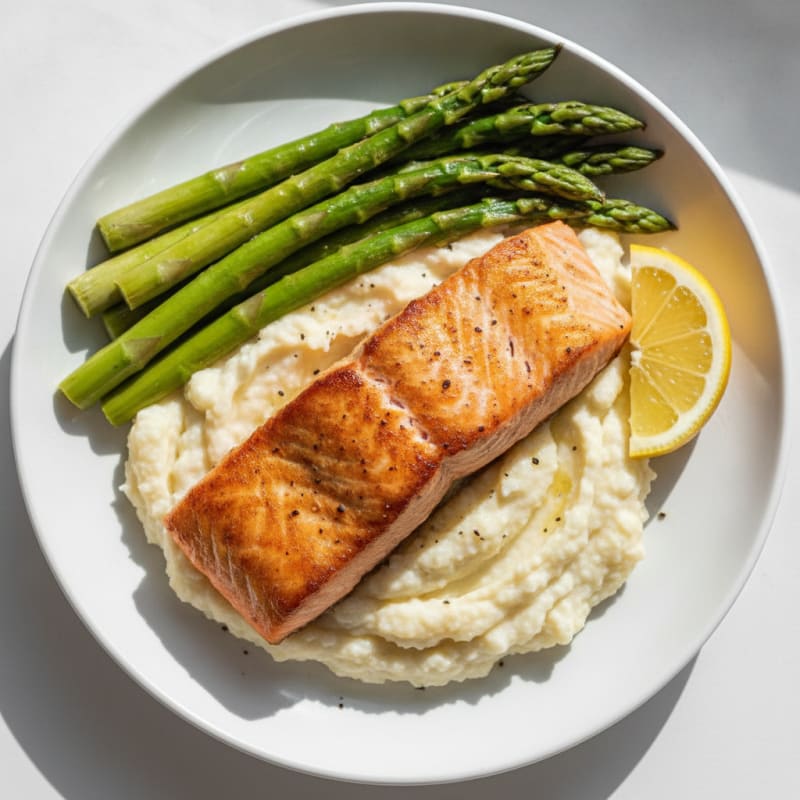 Seared Salmon with Steamed Asparagus and Cauliflower Mash