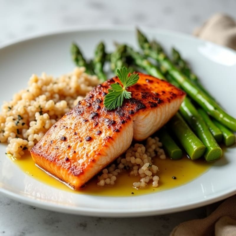 Seared Salmon with Steamed Asparagus and Brown Rice