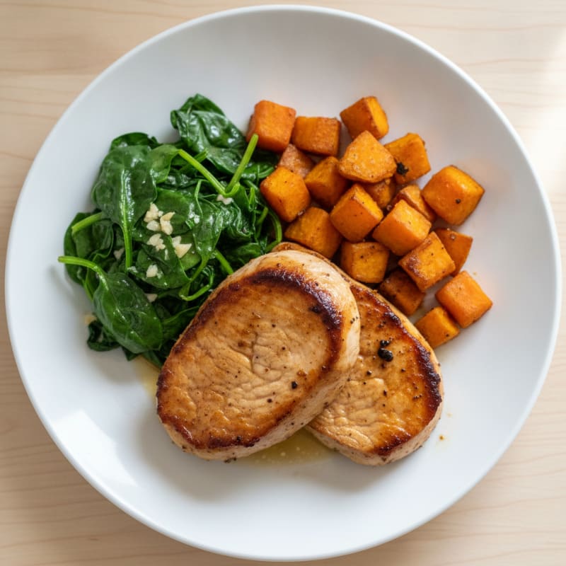 Seared Turkey Fillet with Roasted Sweet Potatoes and Sautéed Spinach