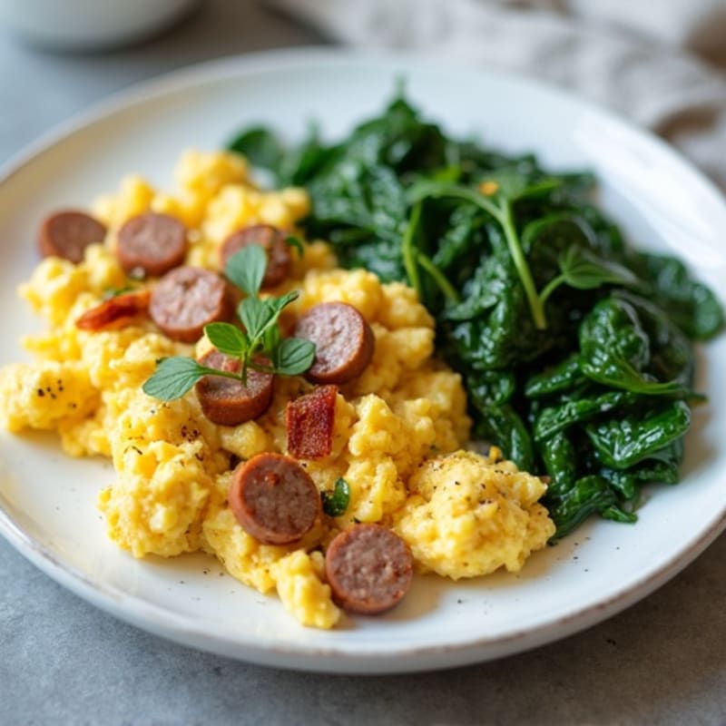 Egg White and Turkey Sausage Scramble with Sautéed Spinach
