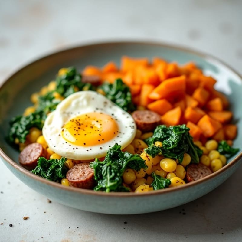 Egg White and Turkey Sausage Scramble with Spinach and Roasted Sweet Potato