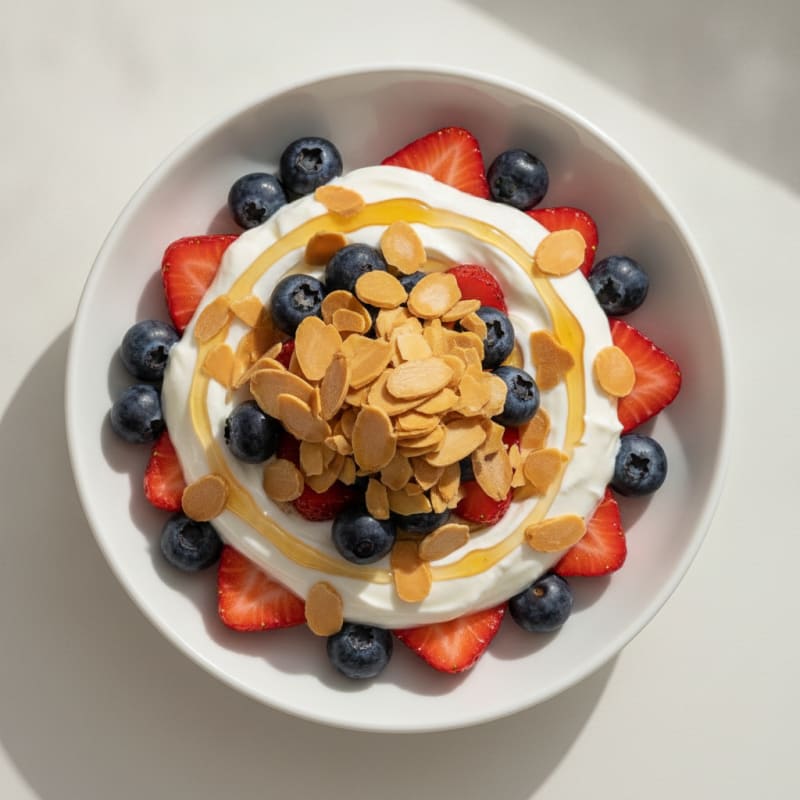 Greek Yogurt Parfait with Crunchy Almonds and Fresh Berries
