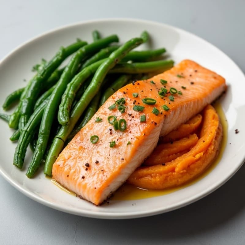 Baked Salmon with Garlic Green Beans and Sweet Potato Mash