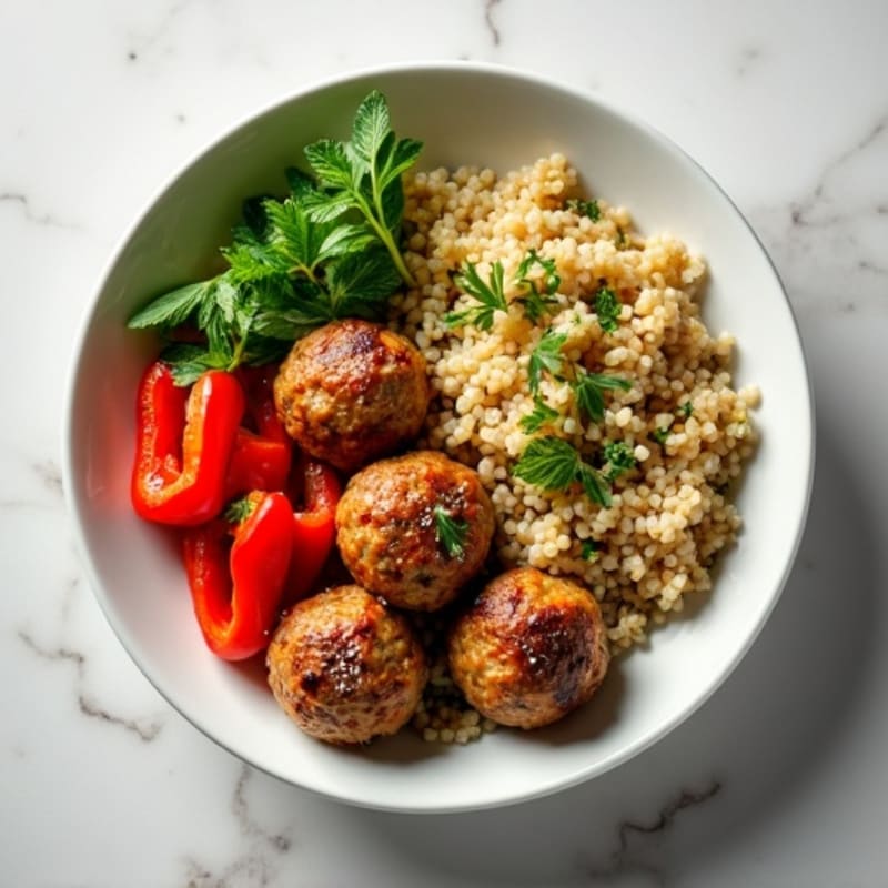 Greek Turkey Meatballs with Roasted Bell Peppers and Fresh Herb Quinoa