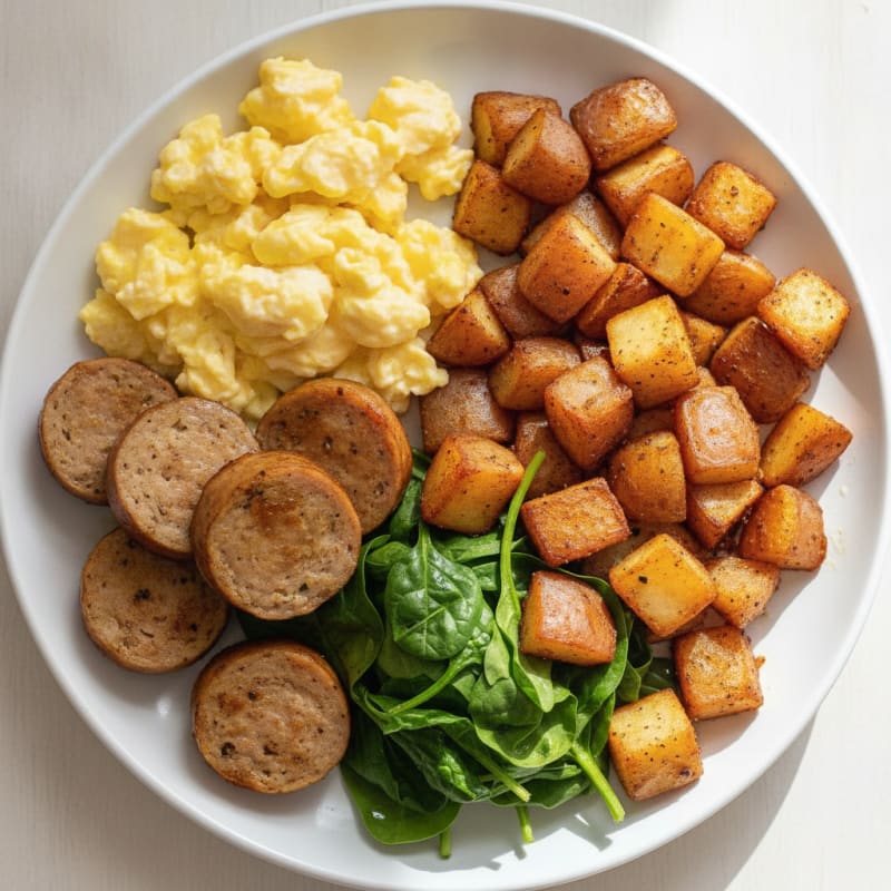 Scrambled Eggs with Chicken Sausage and Roasted Potatoes